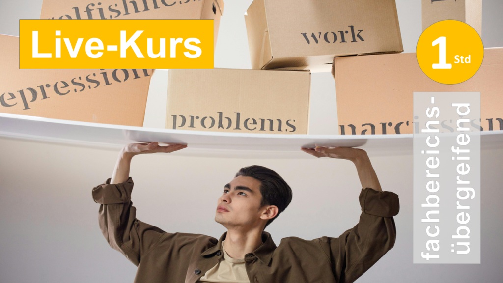 Sie sehen einen Mann in Überkopfhöhe Pappkartons mit Stress-,Problem- und Depressionsbeschriftung stemmen, als Assoziation zum Webseminar zu Copingstrategien  für Klienten in der Ergotherapie + Physiotherapie in mehreren Fachgebieten in Klinik + Praxis