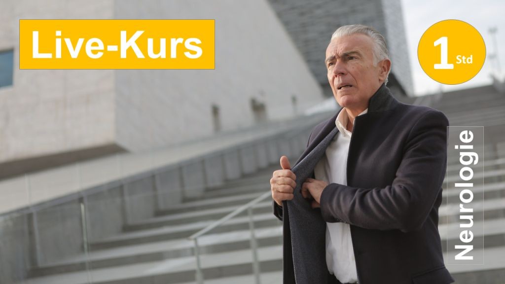 Sie sehen einen Mann eine lange Aussentreppe heruntergehen, während er mit seiner linken Hand in die Innentasche seines Jackets greift, als Metapher zum Webinar für Ergotherapie + Physiotherapie in der Reha von Schlaganfall + Apoplex in Klinik + Praxis