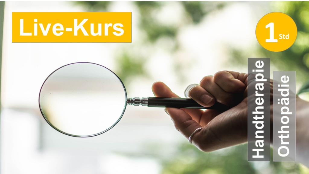 Sie sehen eine Hand, die eine Lupe hält, als Symbol zum Webseminar zu den vielen Details in der Erstbegutachtung einer Hand in der Handtherapie + Orthopädie für Ergotherapie + Physiotherapie in Klinik + Praxis