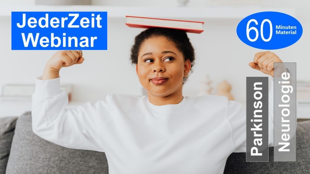 Sie sehen eine junge Frau, die ein Buch auf dem Kopf balanziert als Assoziation zum Webseminar über Haltungsschulung bei Parkinson Erkrankungen für Ergotherapie + Physiotherapie in der NeuroRehabilitation in Klinik + Praxis