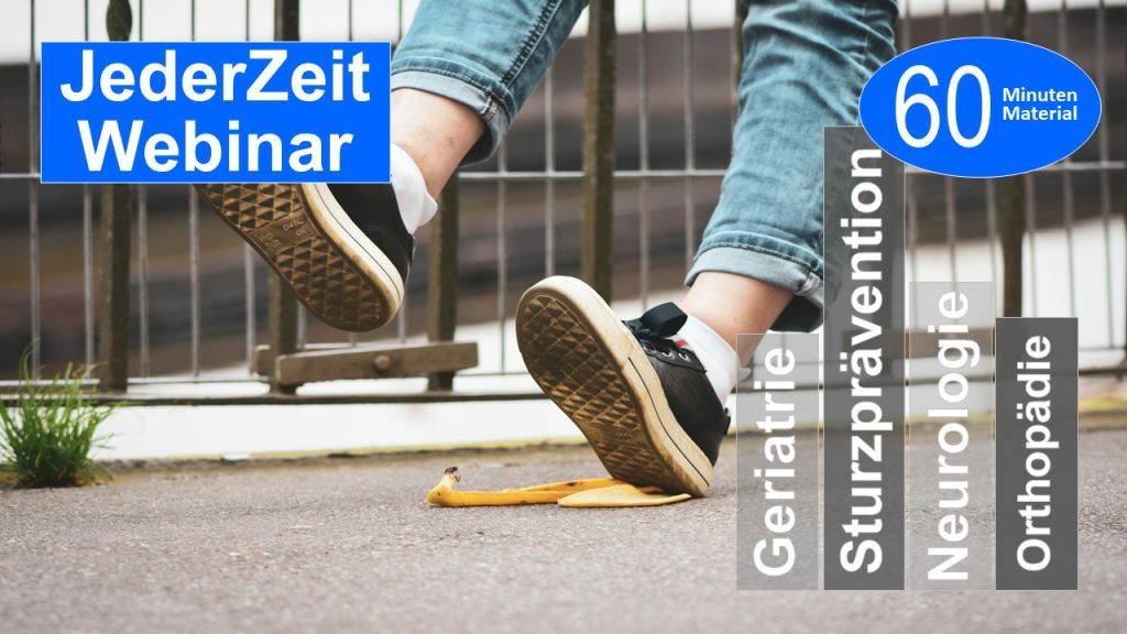 Sie sehen ein Paar Füße in Nahaufnahme, von denen einer auf einer Bananenschale ausrutscht, als Assoziation zum Webseminar zum Basiswissen über Sturzprävention für Ergotherapie + Physiotherapie in der Rehabilitation in Klinik + Praxis