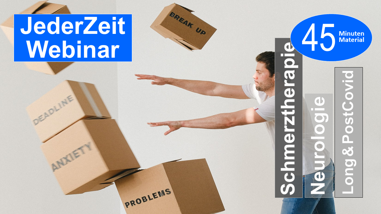 Sie sehen einen stehenden Mann einen hohen Stapel Kartons mit Aufschriften wie Deadline, Ängstlichkeit oder Problemen umschubsen als Assoziation zum Webseminar für Ergotherapie + Physiotherapie in der Rehabilitation Long + Post Covid in Klinik + Praxis
