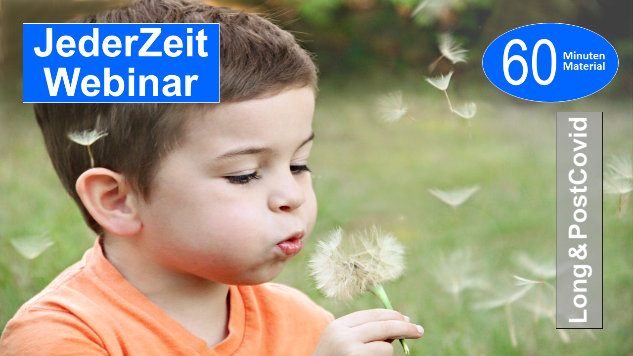Sie sehen einen Kinderkopf als Bildausschnitt, in dem das Kind einen reifen Löwenzahn wegpustet, als Assoziation zum Webseminar für Ergotherapie + Physiotherapie in der Rehabilitation von Post + Long Covid in Klinik + Praxis