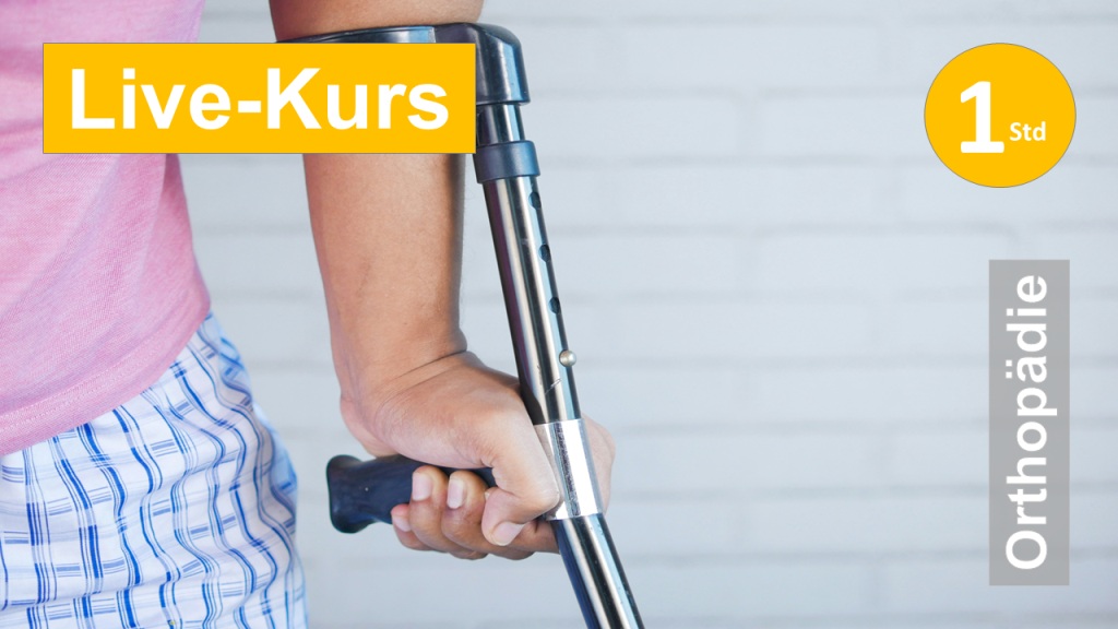 Sie sehen eine Hand am Griff einer Unterarmgehstütze als Symbol zum Webseminar zur vorbereitentenden Therapie in der Ergotherapie vor elektiven Eingriffen an der unteren Extremität in Orthopädie, Handttherapie, Neurologie in Klinik + Praxis