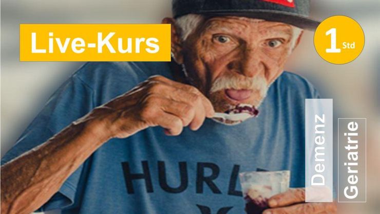 Sie sehen einen älteren Mann einen Jghurt auslöffeln, als Assoziation zum Webseminar über Nahrungsaufnahme bei Demenz für Ergotherapie + Physiotherapie in der Rehabilitation dementiellen Erkrankungen in Klinik + Praxis