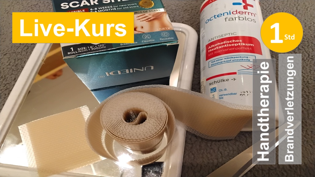 Sie sehen Narbensilikonpflaster, Alkoholdesinfektion und Schere, als Assoziation zum Webseminar über Schienenbauanwendung bei Brandverletzungen und Verbrennungen für Ergotherapie +  Handtherapie der HandReha und Narbenbehandlung in Klinik + Praxis