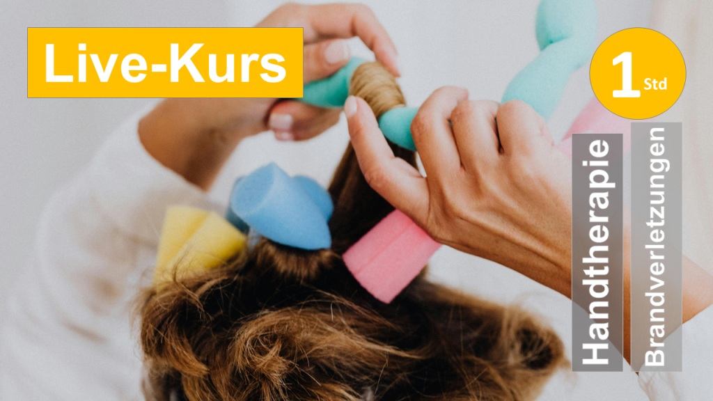 Sie sehen zwei Hände, die mit Schaumlockenwicklern hantieren, als Assoziation zum Webinar über Nachbehandlung zu Brandverletzungen und Verbrennungen in der Ergotherapie und Handtherapie der HandReha, SchmerzReha und Narbenbehandlung in Klinik + Praxis