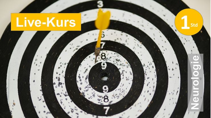 Sie sehen  eine häufig benutzte schwarz-weisse Zielscheibe mit gelbem Pfeil in der Mitte, als Assoziation zum Webseminar für Ergotherapie + Physiotherapie in der Rehabilitation von Schlaganfall + Apoplex in Klinik + Praxis