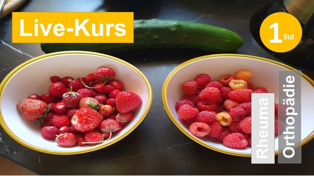 Sie sehen zwei Frühstücksschüsseln mit Beeren und Gurke als Assoziation zum Webseminar zur Schnittestelle Ernährung und Therapie bei Rheuma für Ergotherapie + Physiotherapie in der Rehabilitation von Orthopädie und Rheumatologie in Klinik + Praxis