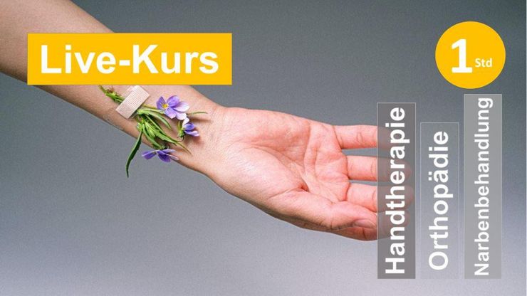 Sie sehen eine Hand und Unterarm mit aufgeklebtem kleinen Blumenstrauss als Assoziation zum Webseminar für Ergotherapie + Physiotherapie in der Rehabilitation von Handverletzungen + Narben in der Orthopädie in Klinik + Praxis